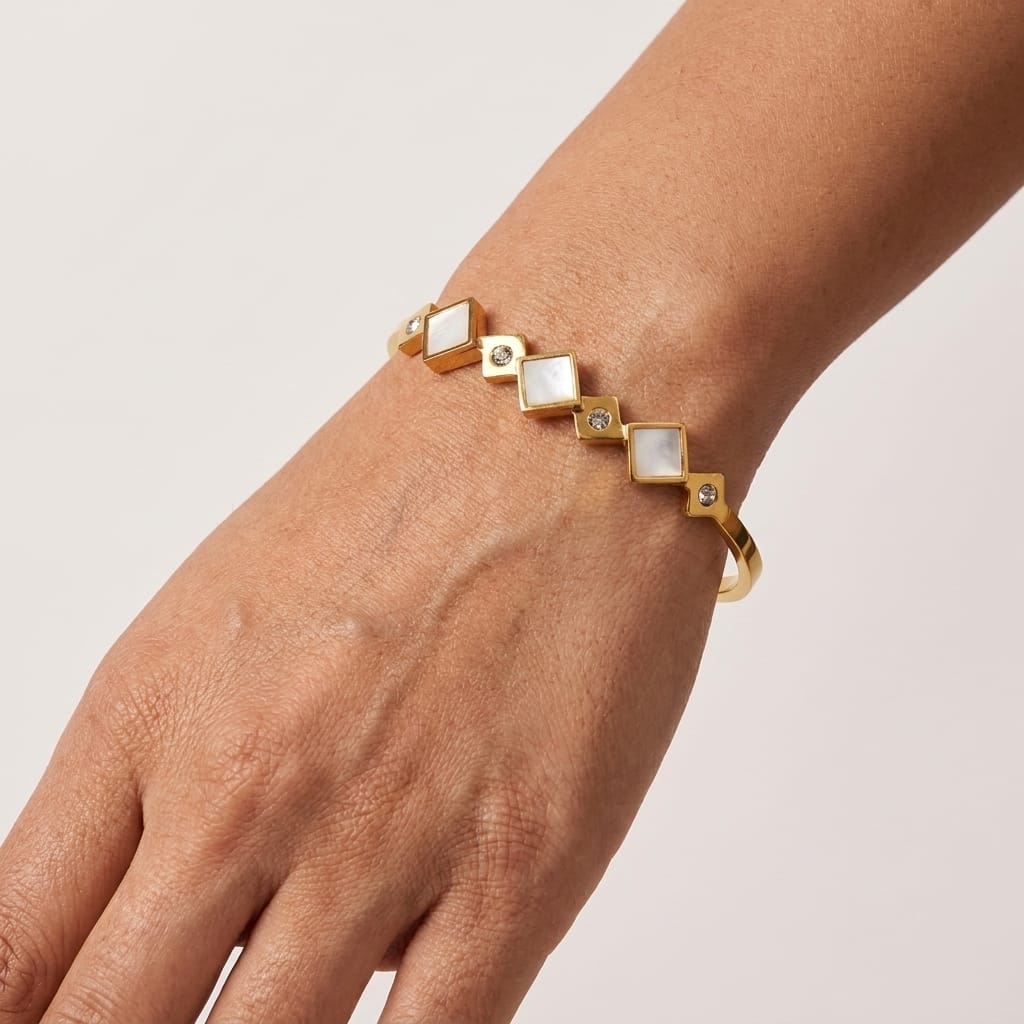 Gold Plated Artificial Stones Studded Anti-Tarnish Enamelled Cuff Bracelet