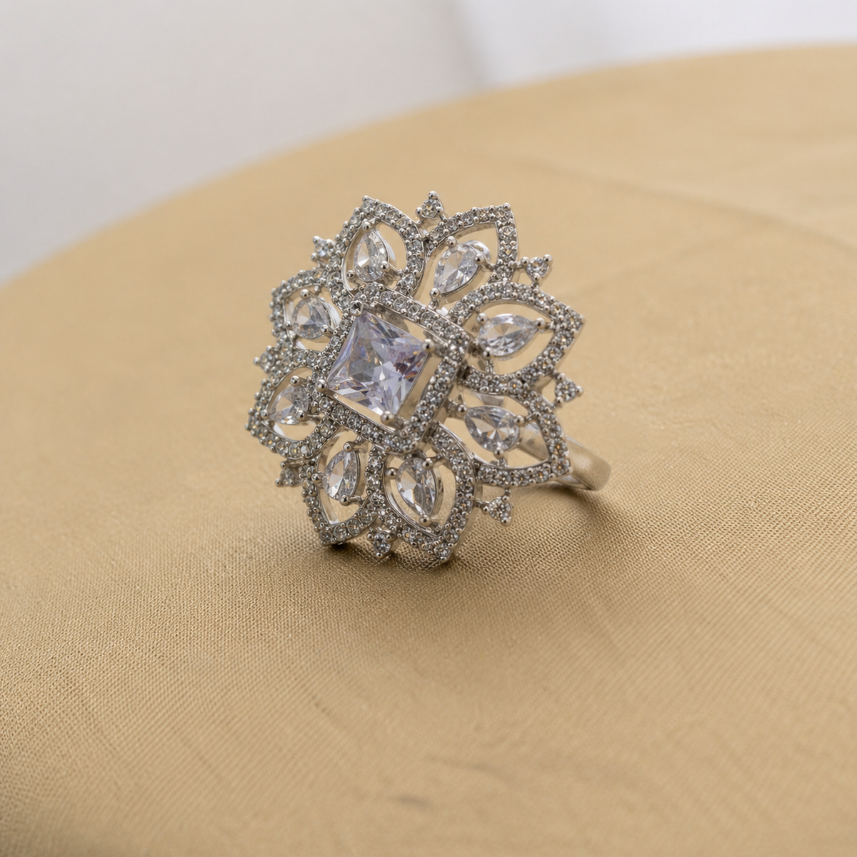 Rhodium Plated Adjustable American Diamond Ring