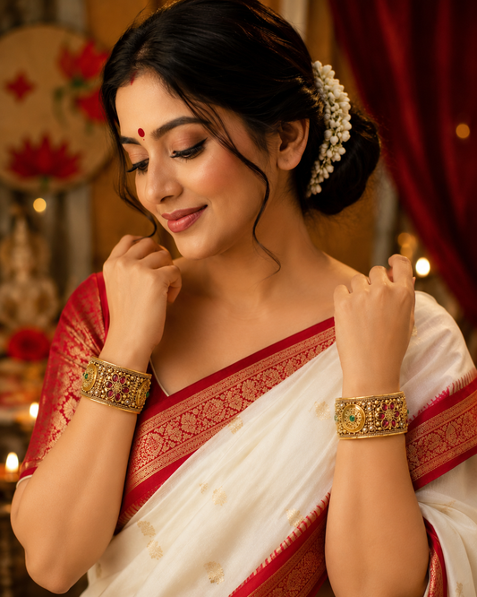 Gold Plated Rajwadi Kundan Openable Kada Bangles Set Of 2 (Free Size)