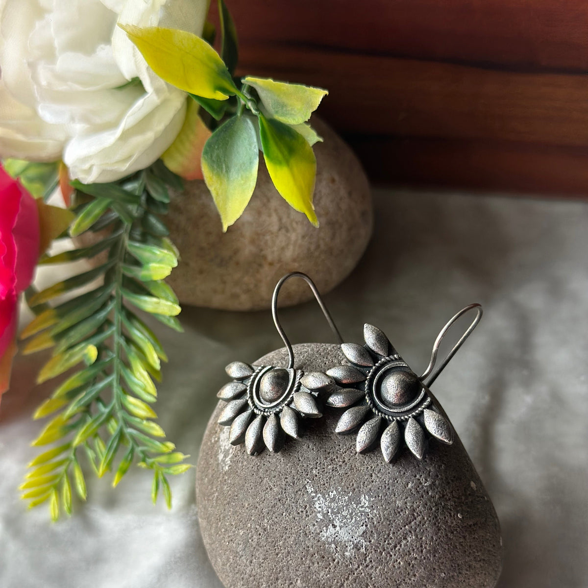 Semi Silver Oxidise Floral Elegance Traditional Earrings | For Girls and Women