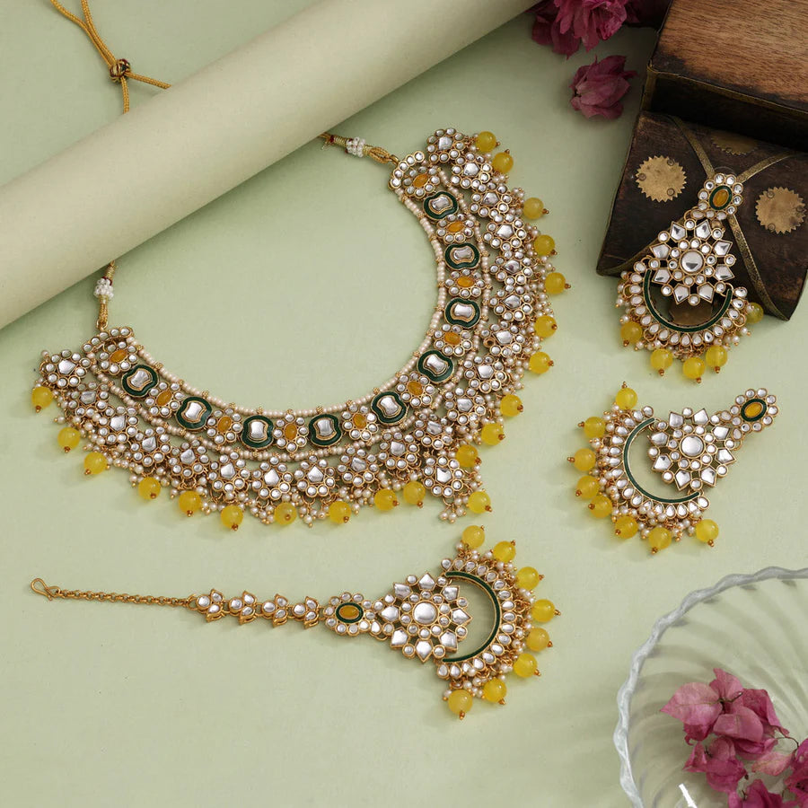 Yellow Maroon & Green Color Meena Work Kundan Necklace Set
