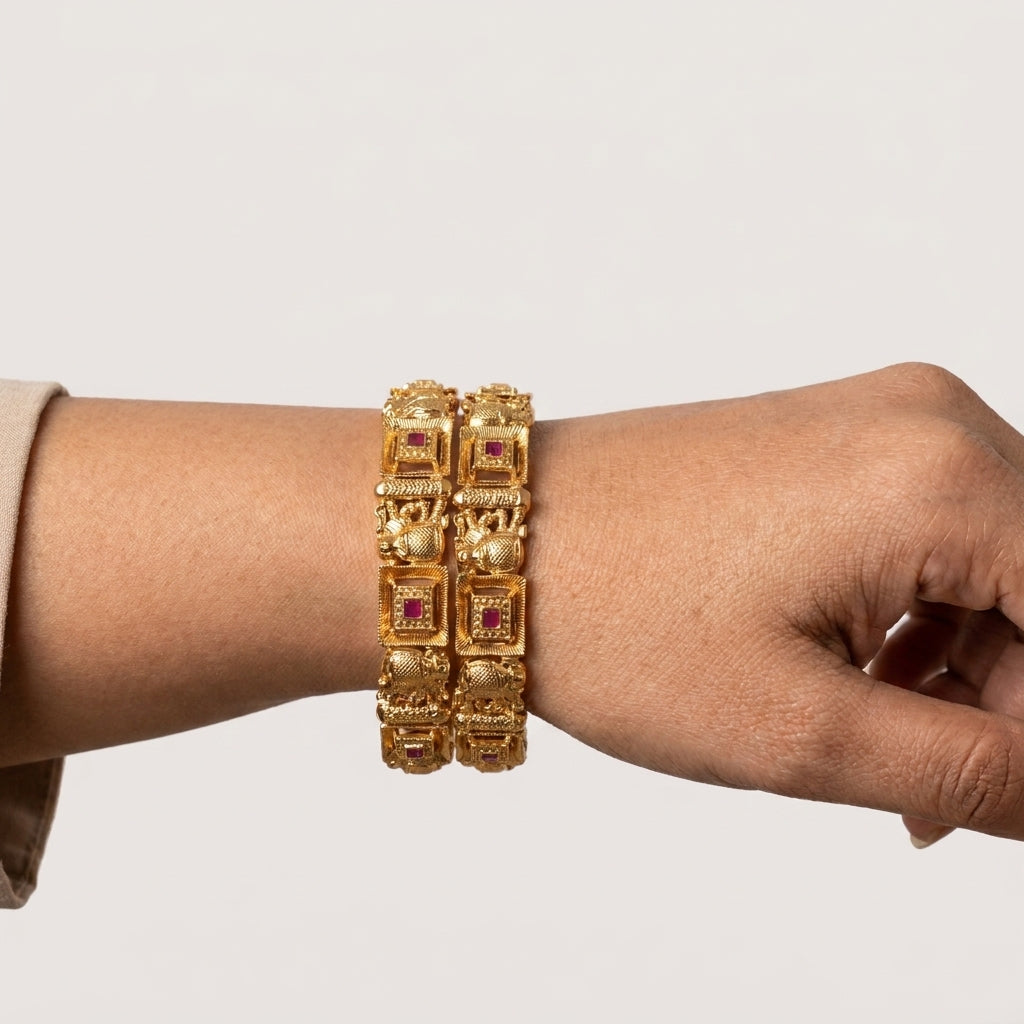 Gold Plated Elephant Design Kadas for Women (Set of 2)