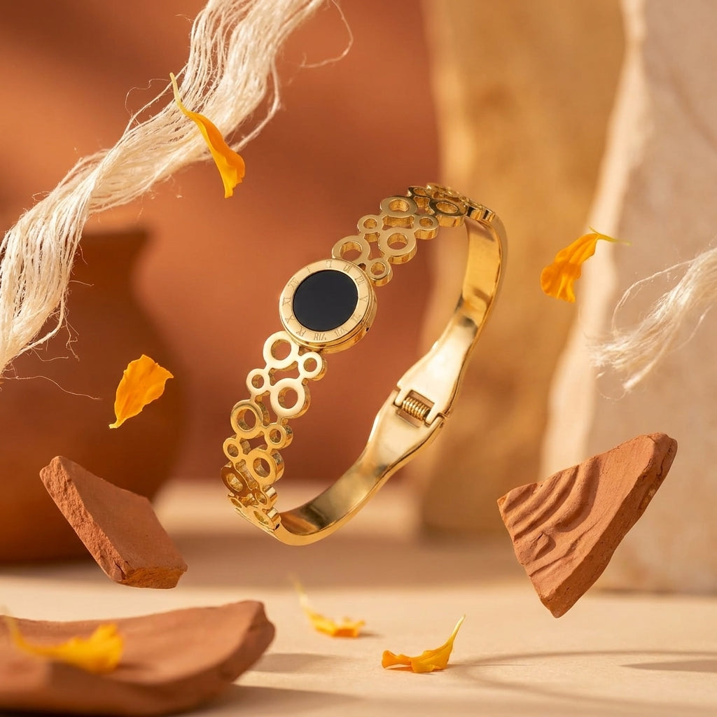 Gold Plated Elegant Open Cuff With Round Charm Anti-Tarnish Bracelet (Free Size)
