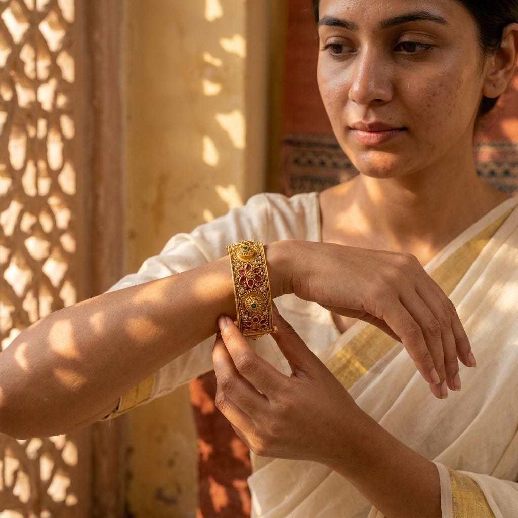 Gold Plated Rajwadi Kundan Openable Kada Bangles Set Of 2 (Free Size)