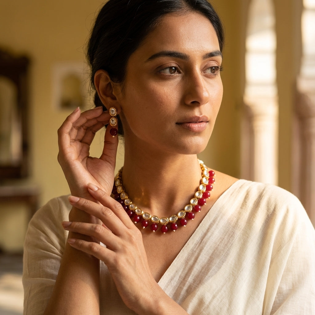 Beautiful Gold Plated Kundan And Ruby Necklace With Earrings