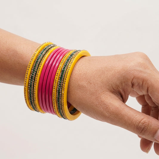 Karva Chauth Special Rajasthani Lac Bangles Set, Red Green and Yellow Colour with Crystal Work, Traditional Lakh Chuda, 20 Pieces