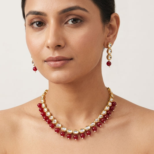 Beautiful Gold Plated Kundan And Ruby Necklace With Earrings
