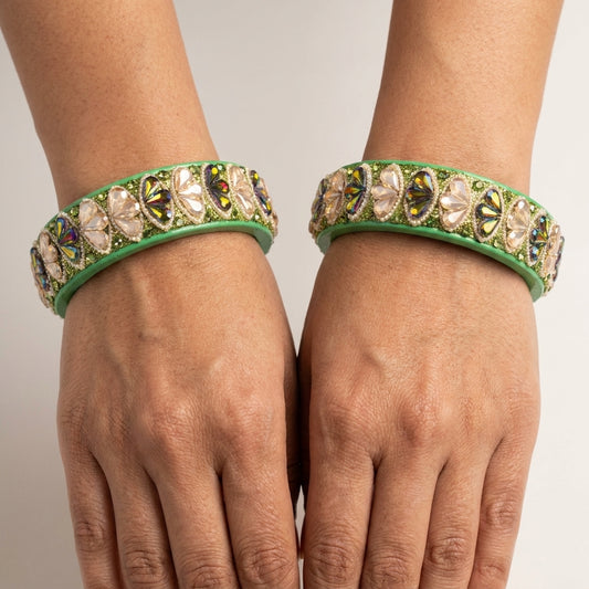 Rajasthani Traditional Sea Green Colour Lac Kada Bangles For Women & Girl With Latest Kundan Design
