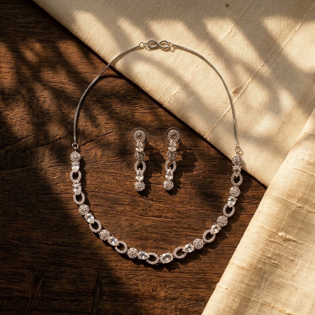 Silver Plated American Diamond Necklace Set with Drop Earrings for Women