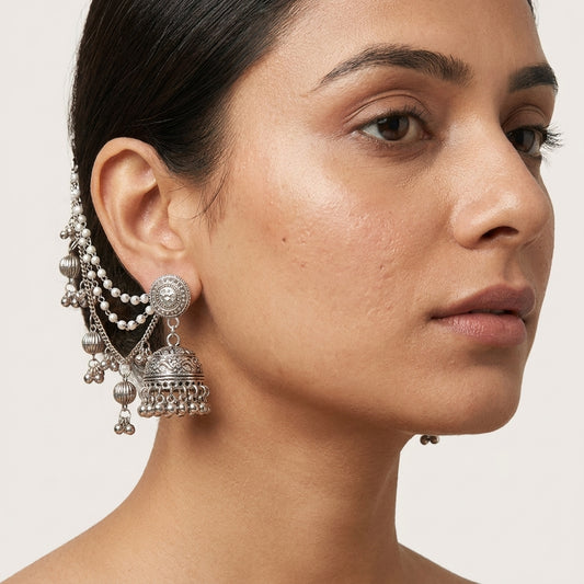 Traditional Oxidised Silver Jhumka Ear Chain Earrings for Women
