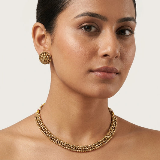 Gold-Toned Traditional Beaded Choker Necklace Set with Stud Earrings for Women