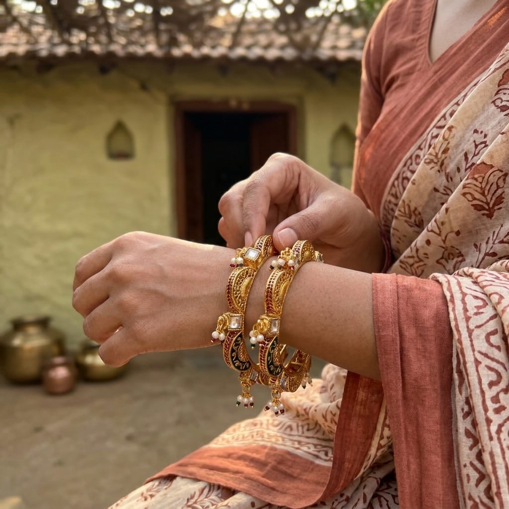 Karatcart Antique Gold-Plated Temple Bangles for Women - Set of 2