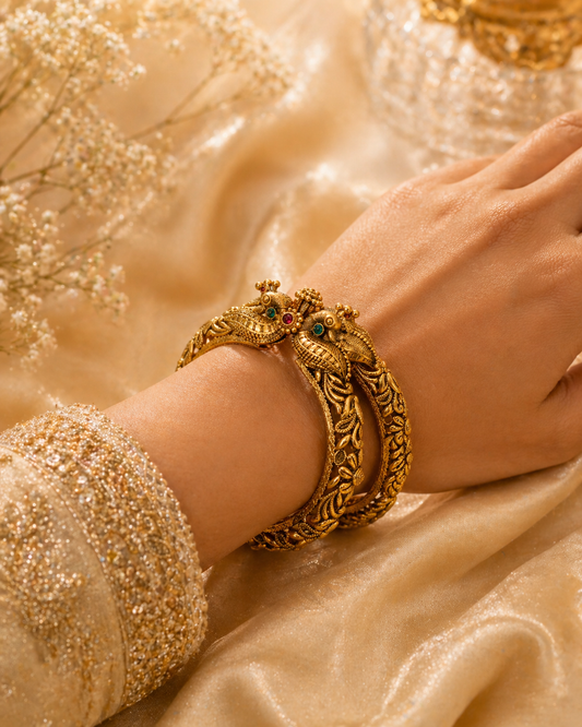 Gold Plated Stones Carved Peacock Floral Openable Bangles (set of 2)