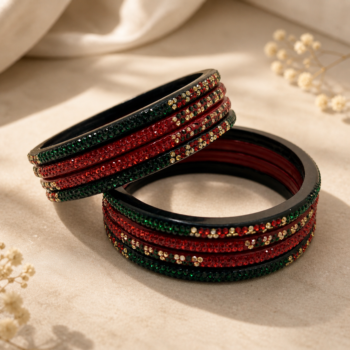 Karva Chauth Special Rajasthani Lac Bangles Set, Red and Green Colour with Crystal Work, Traditional Lakh Chuda, 8 Pieces