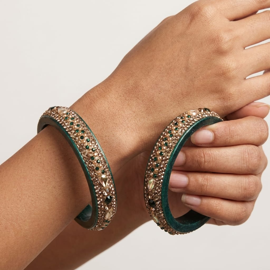 Green Plated with Kundan and Topaz Fitted Lac Kada Bangle