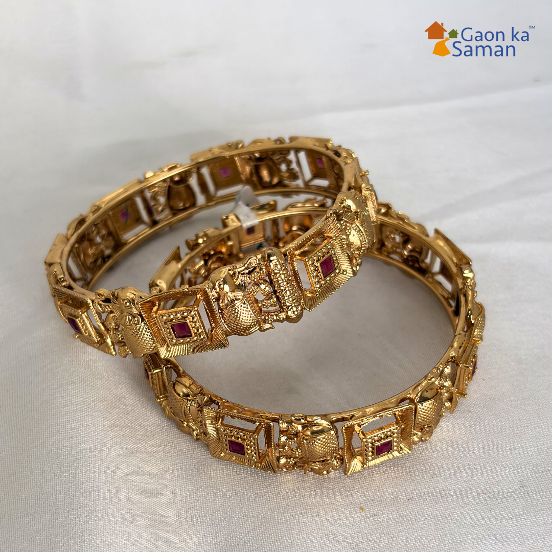Gold Plated Elephant Design Kadas for Women (Set of 2)