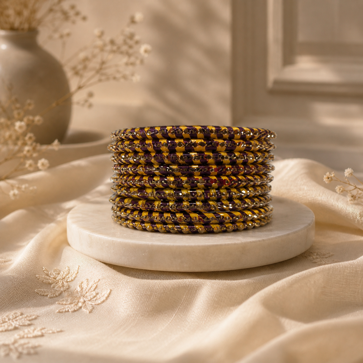 Brown and Yellow Lehariya Bangles Set of 8 with Spherical Zircon Line | for Women and Girls