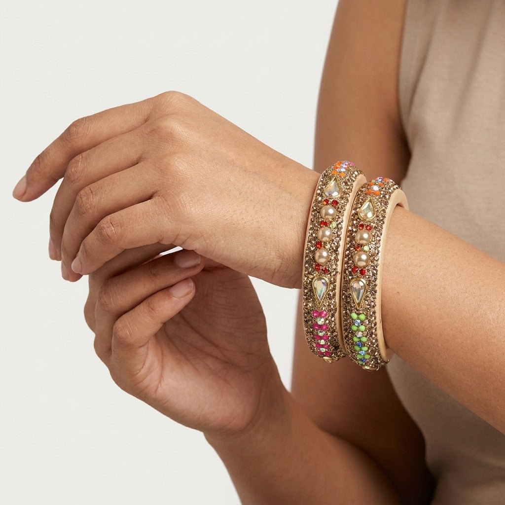 Beige Lakh Bangles with Multicolor Pearl and Teardrop Stones | For Girls and Women.