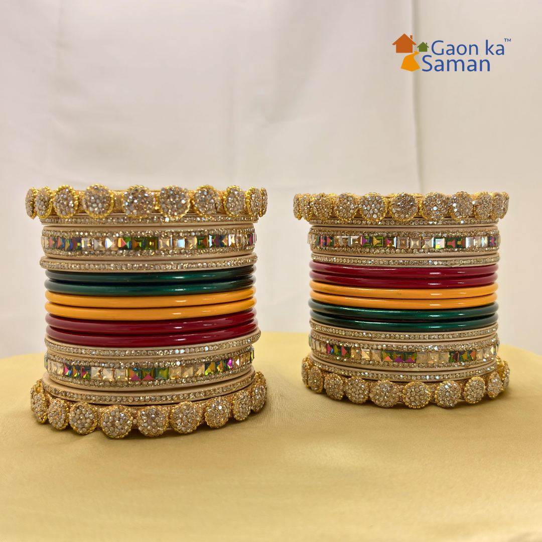 Rajasthani Rajwadi Bridal Lac Bangles Set With Beautiful Punjabi Look Design Red Green Yellow Colour (Pack of 28 )