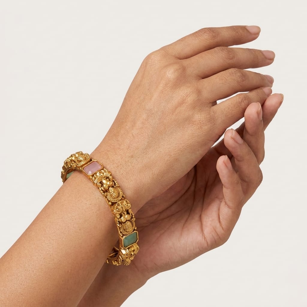 Karatcart Antique Gold-Plated Mata Laxmi Rajwadi Temple Bangles for Women - Set of 2