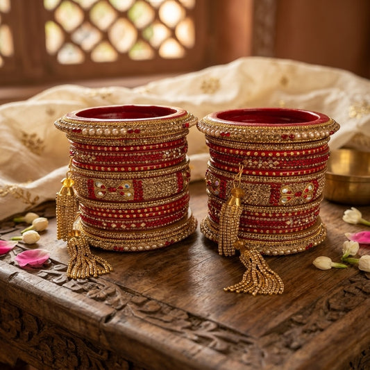 Bridal Red Lac Chura Set with Gold and Red Stones | 26 Bangles | Dangling Chains | for Women and Girls