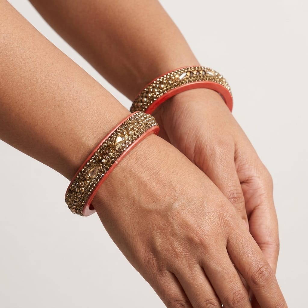 Orange Plated with Kundan and Topaz Fitted Lac Kada Bangle