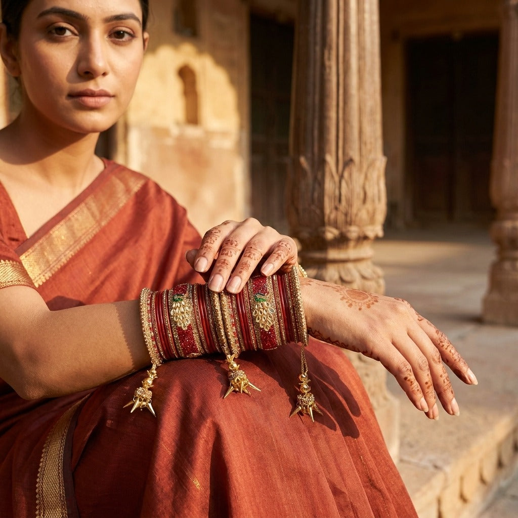 Mayuri Red Lakh wedding Chura Set with Latkans | Traditional Rajasthani Bangles | For Women and Girls