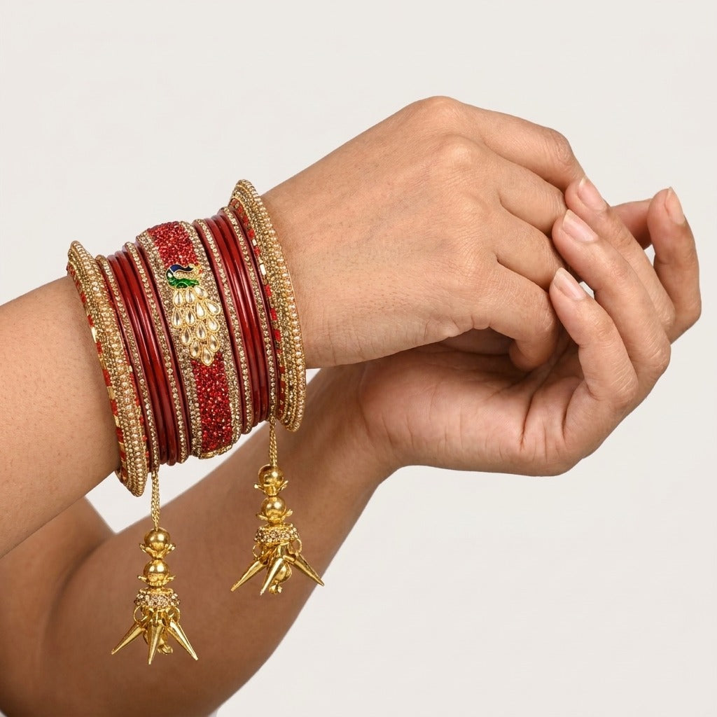 Mayuri Red Lakh wedding Chura Set with Latkans | Traditional Rajasthani Bangles | For Women and Girls