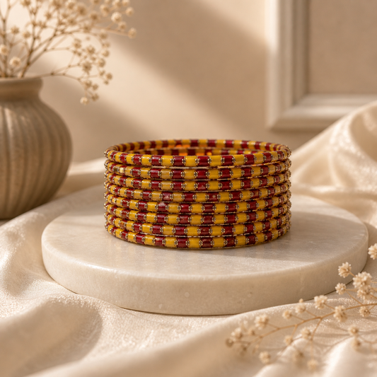 Red Yellow Lehariya Bangles Set of 8 with Spherical Zircon Line | for Women and Girls