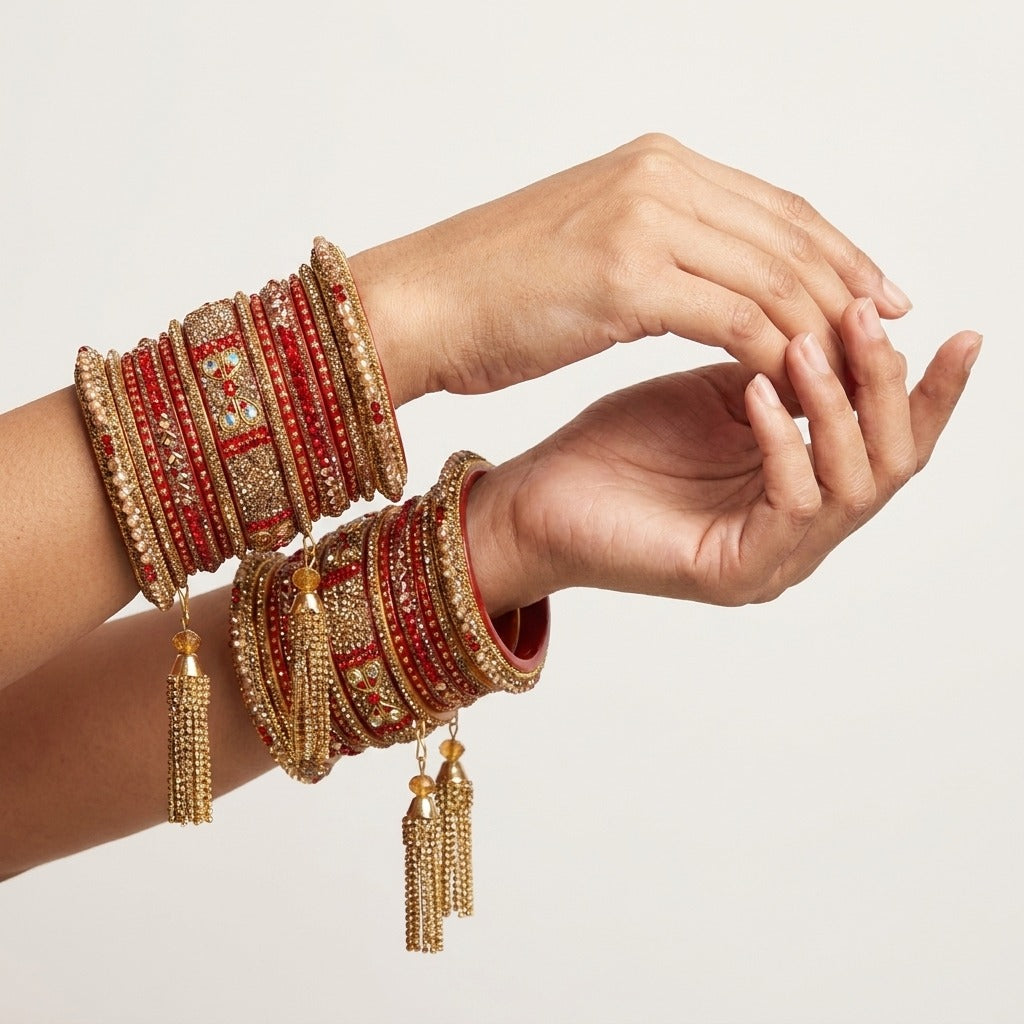 Bridal Red Lac Chura Set with Gold and Red Stones | 26 Bangles | Dangling Chains | for Women and Girls