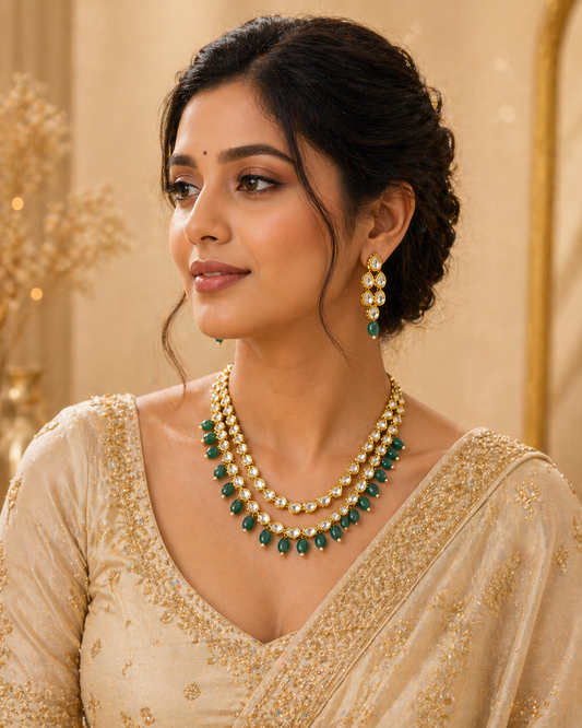 2 Line Layered Round Neck Beautiful Kundan Necklace Set