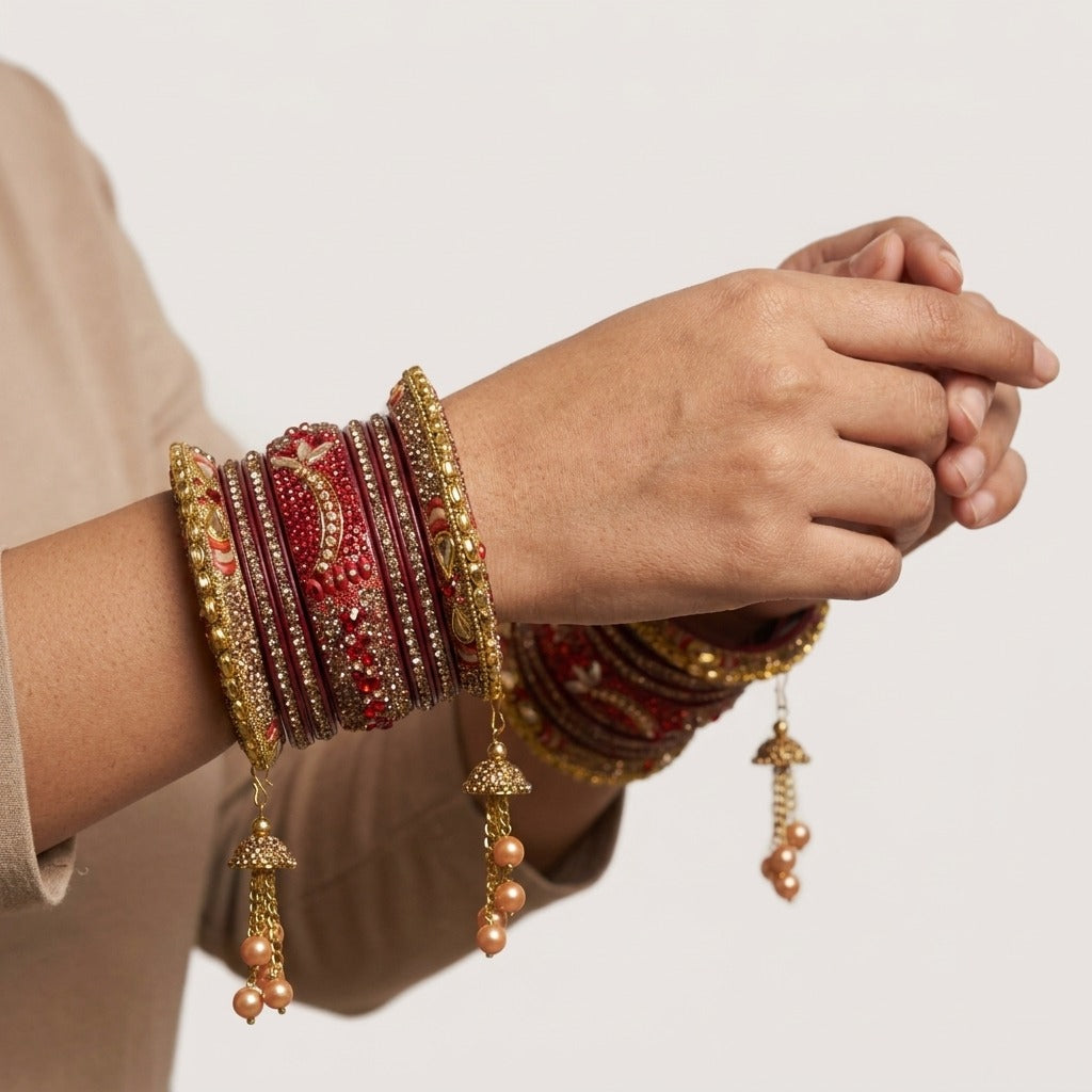 Rajasthani Lac Bangles Set, Red Colour with Crystal Work, Traditional Lakh Chuda, 14 Pieces