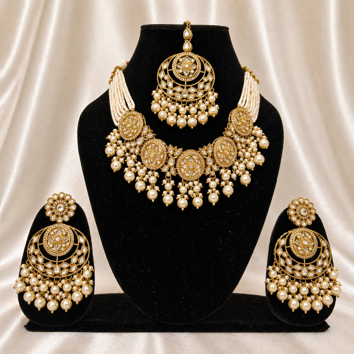 Stone Studded Brass Heavy Necklace Set With Earrings And Mangtika
