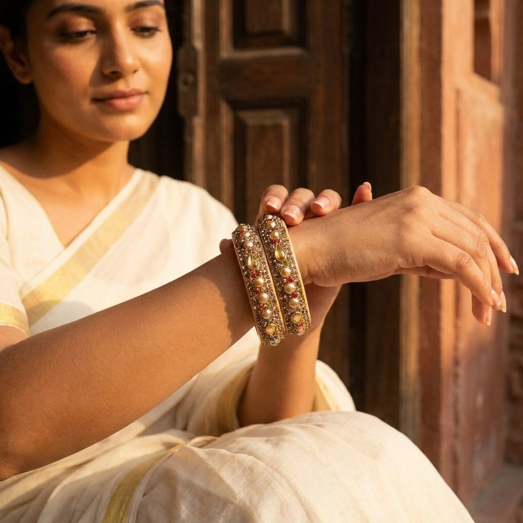 Beige Lakh Bangles with Multicolor Pearl and Teardrop Stones | For Girls and Women.