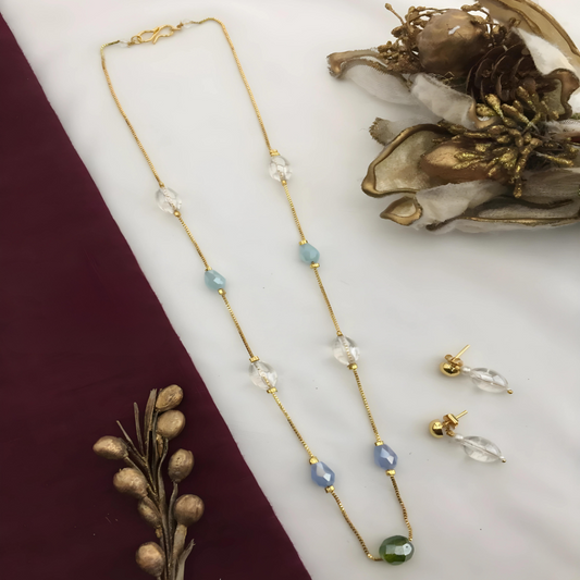 Central Green Stone & multicolor stones | Chain set | Minimal Necklace |For women & Girls