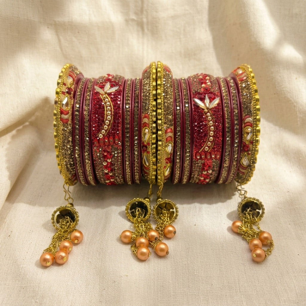 Rajasthani Lac Bangles Set, Red Colour with Crystal Work, Traditional Lakh Chuda, 14 Pieces