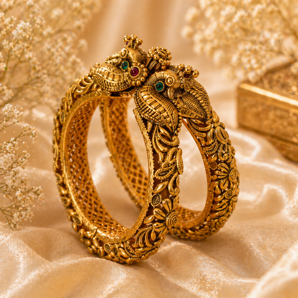 Gold Plated Stones Carved Peacock Floral Openable Bangles (set of 2)