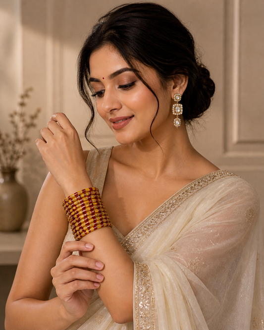 Red Yellow Lehariya Bangles Set of 8 with Spherical Zircon Line | for Women and Girls