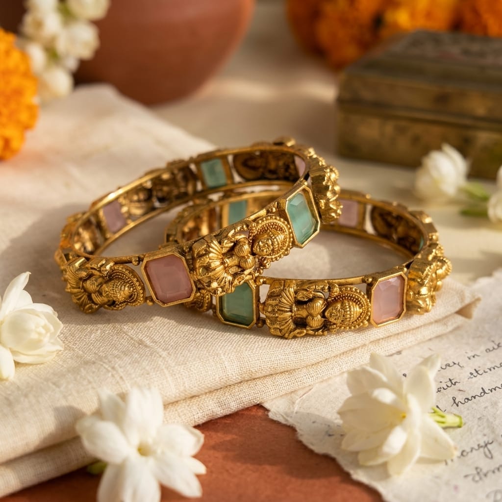 Karatcart Antique Gold-Plated Mata Laxmi Rajwadi Temple Bangles for Women - Set of 2