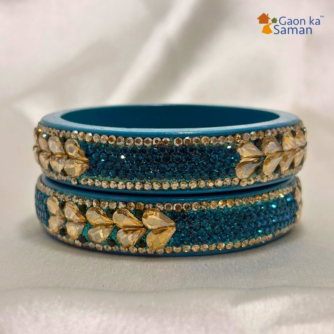 Traditional Firozi Colour Kundan Topaz Fitted Kada Latest Design Rajasthani Bangles | Set of 2 lakh Bangles | Traditional Kada | For Women and Girls