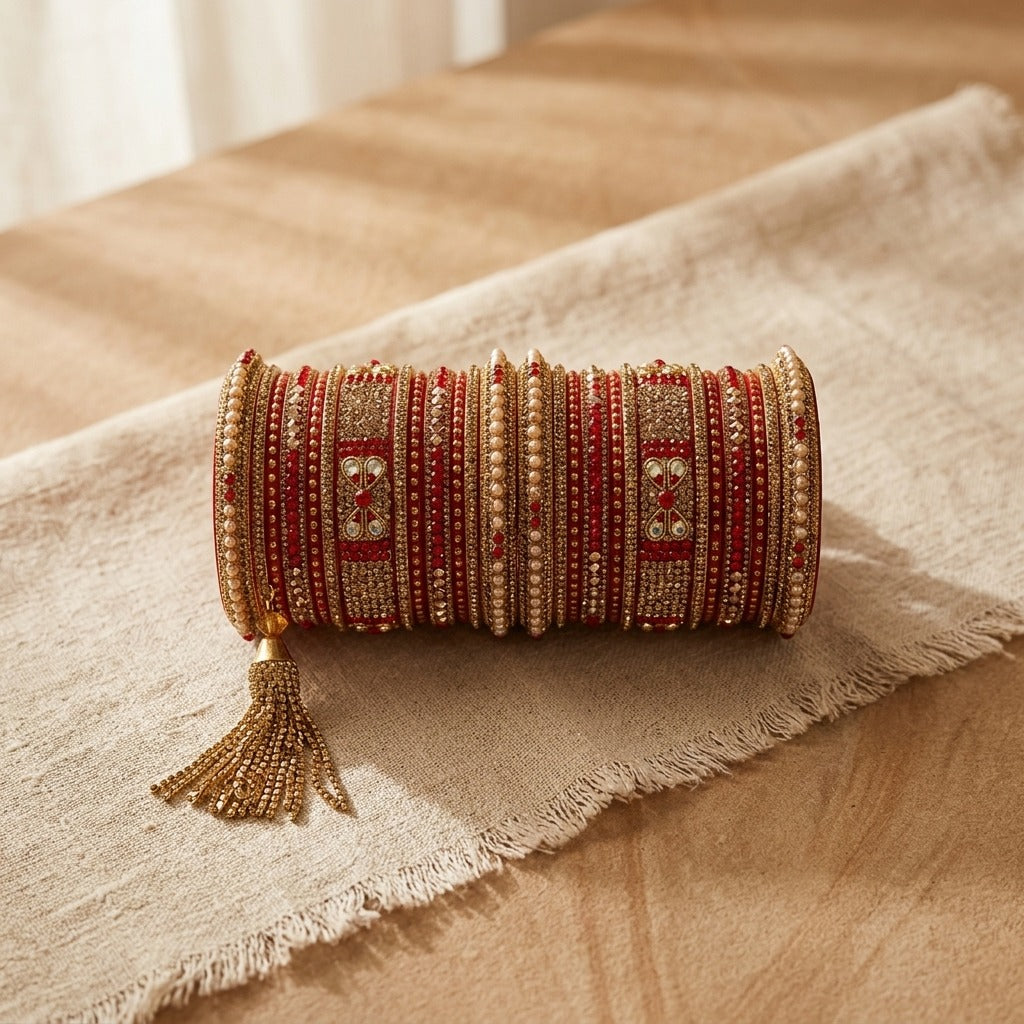 Bridal Red Lac Chura Set with Gold and Red Stones | 26 Bangles | Dangling Chains | for Women and Girls