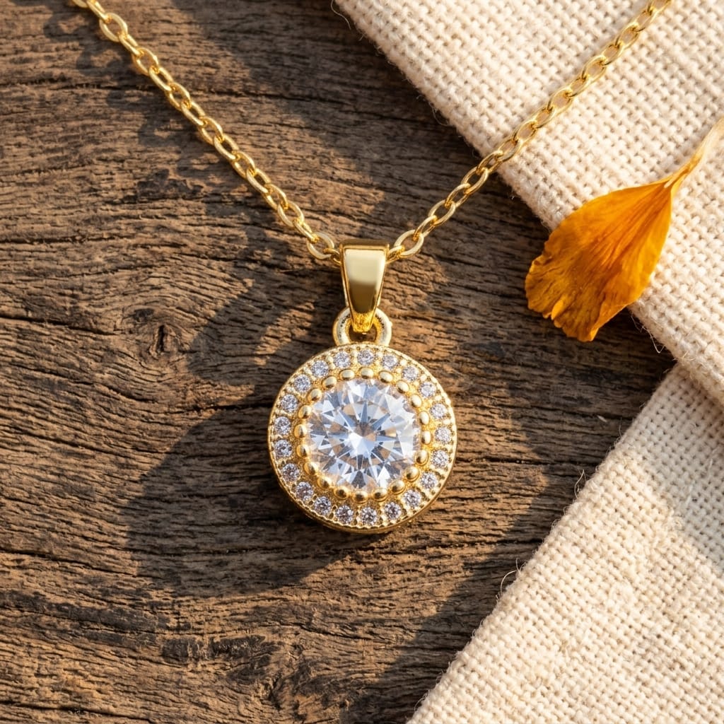 Classic Solitaire Gold Plated Sterling Silver Pendant With Chain