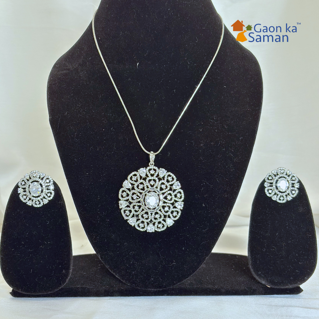 Diamond Pendant Set, Cz Pendant With Chain And Earrings Replica American Diamond Set