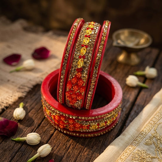 Kundan Diamond Red 5 Line Lac Bangle