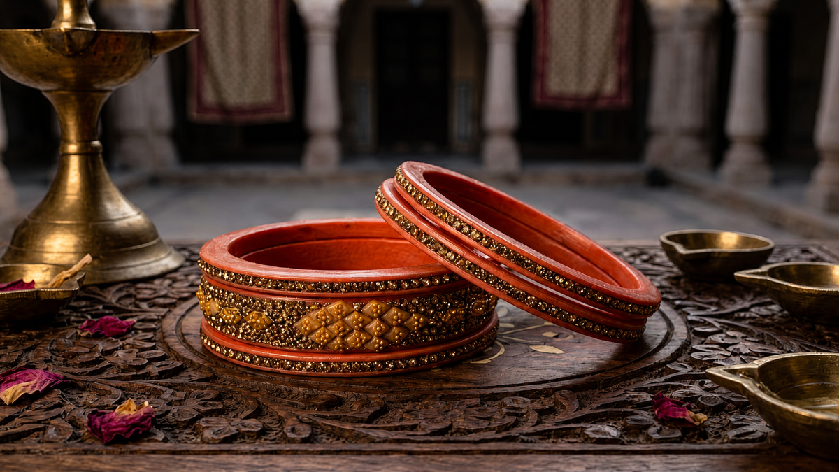 Peach Rajasthani Lac Kada Bangles with Pink Stones,& Golden Rhinestones | Set of 6 | Traditional Bangle | for Women and Girls