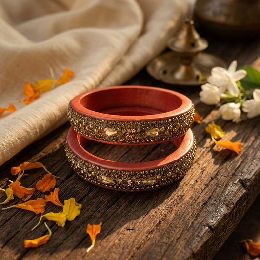 Orange Plated with Kundan and Topaz Fitted Lac Kada Bangle