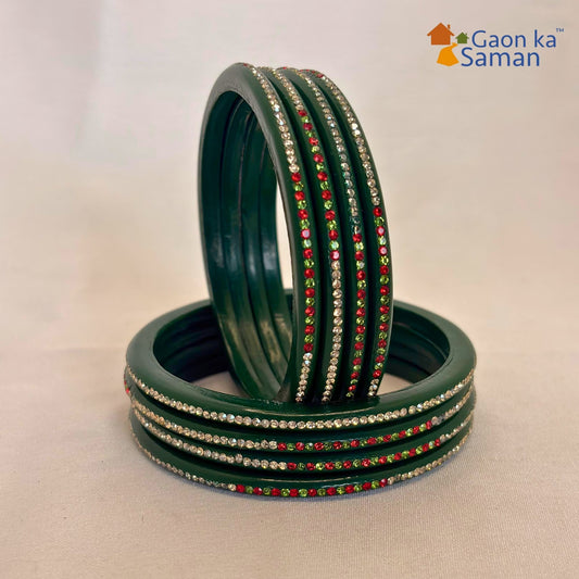 Rajasthani Lac Bangles With Beautiful Mirror And Stone Design One Line Churi ( Pack Of 8 )