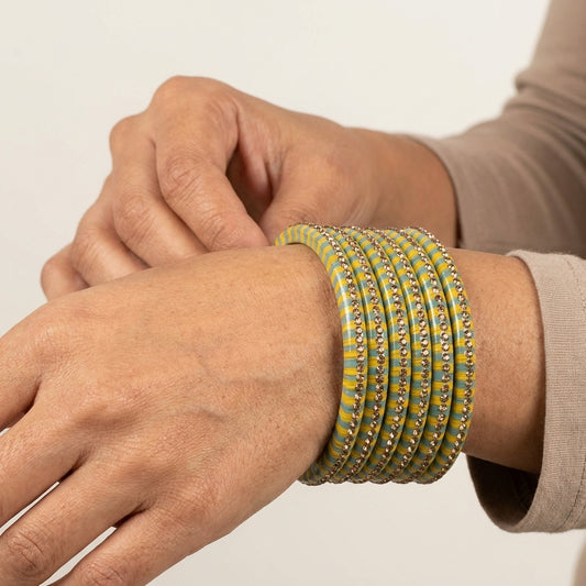 Sky-Blue and Yellow Lehariya Bangles Set of 8 with Spherical Zircon Line | for Women and Girls
