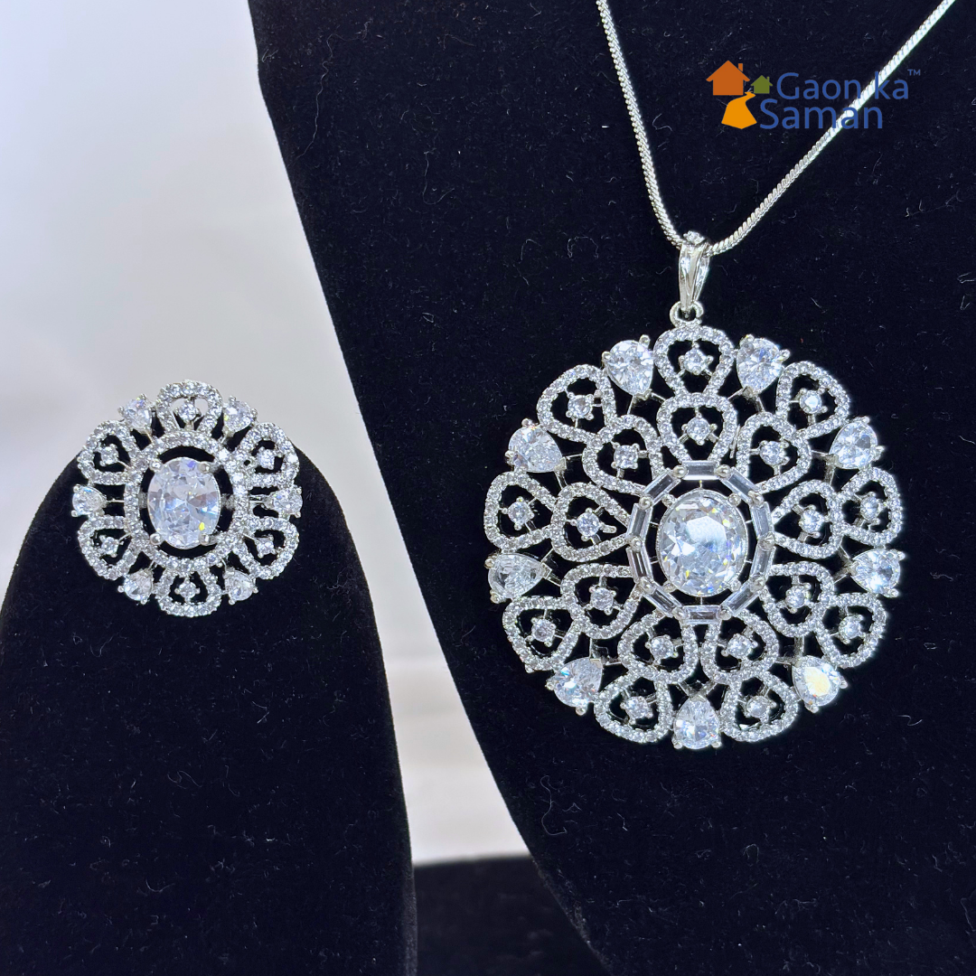 Diamond Pendant Set, Cz Pendant With Chain And Earrings Replica American Diamond Set