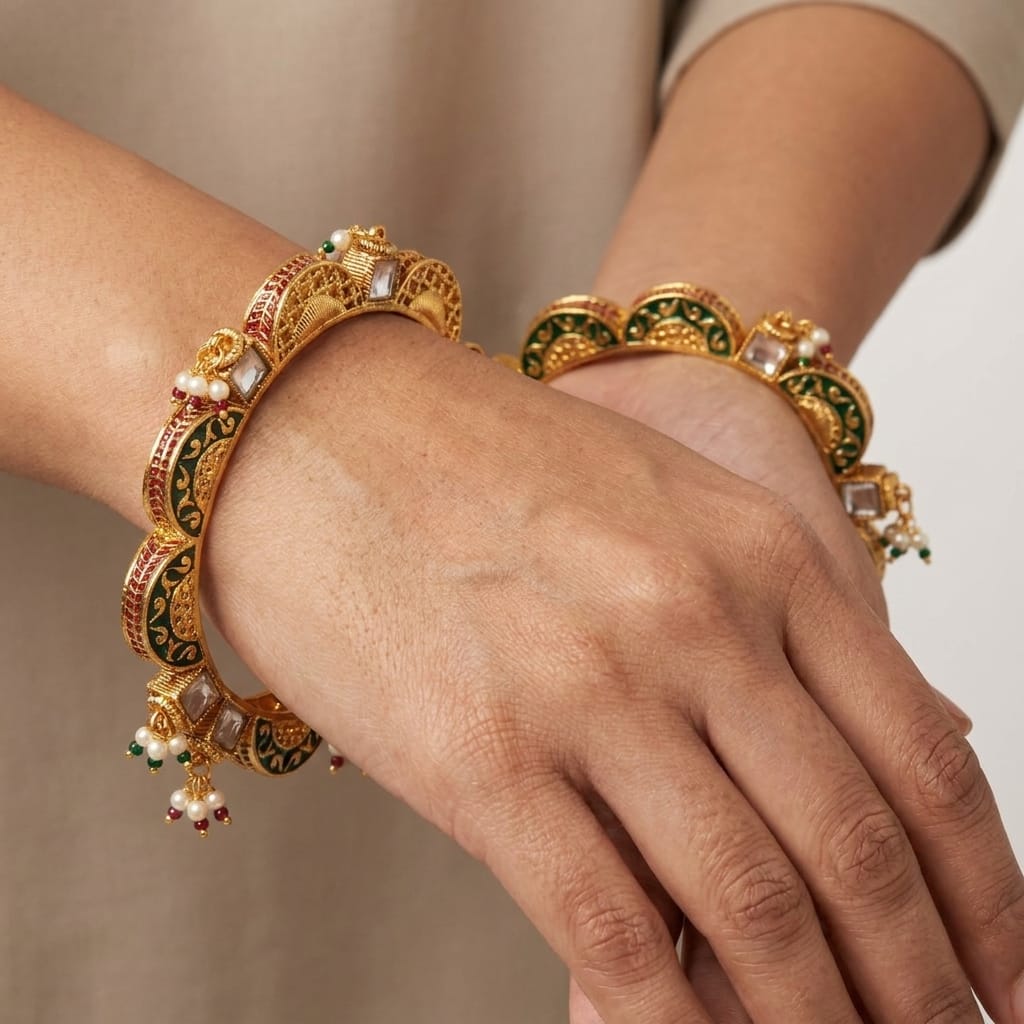 Karatcart Antique Gold-Plated Temple Bangles for Women - Set of 2
